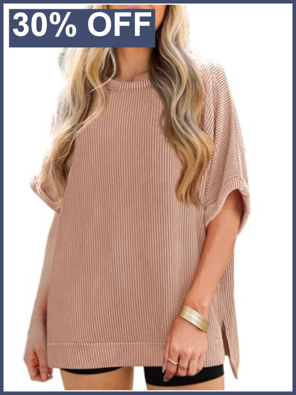 Women's Oversized Ribbed Knit Tunic Top Dolman Short Sleeve Loose Fit Casual Tee